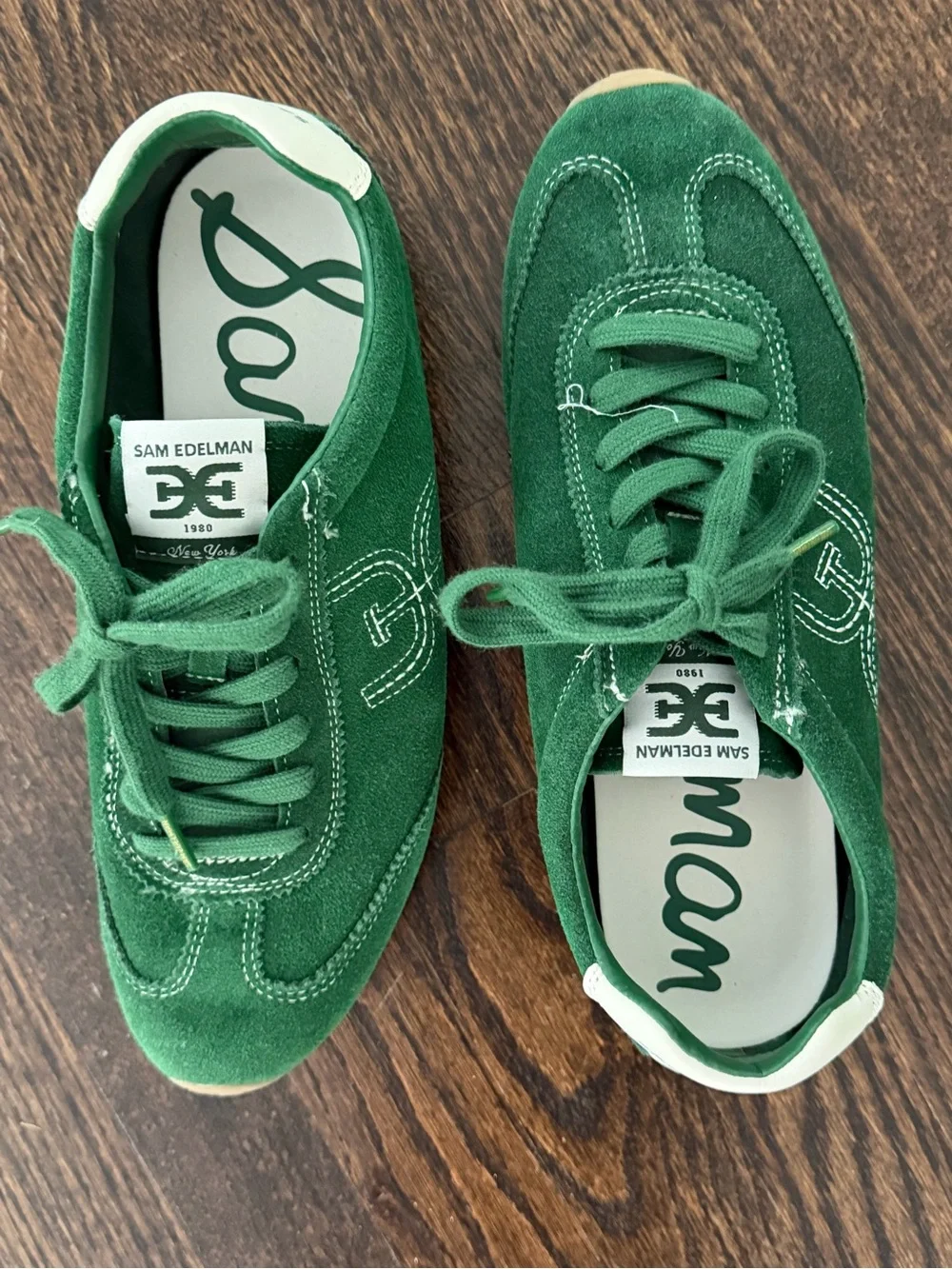 Sam Edelman Isella Sneaker -Green Suede Low-Top with White Heel Tab